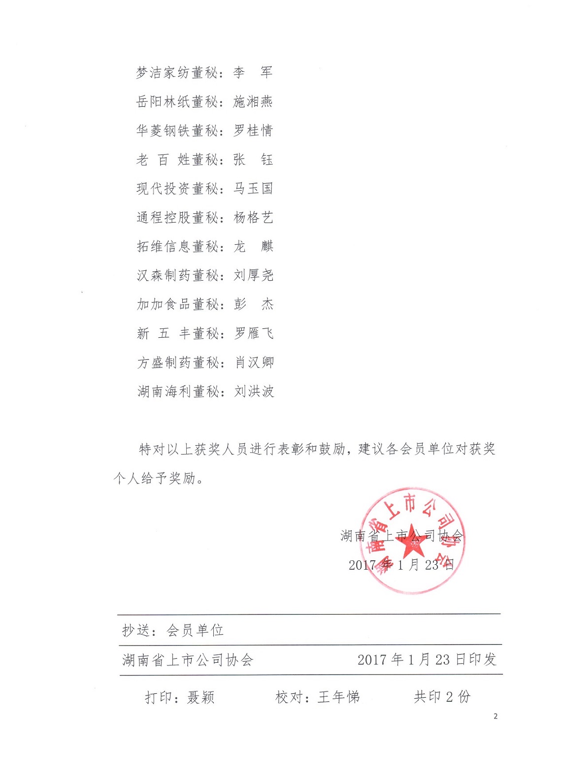 關于表彰2016年度“優秀董事會秘書”獎的通知